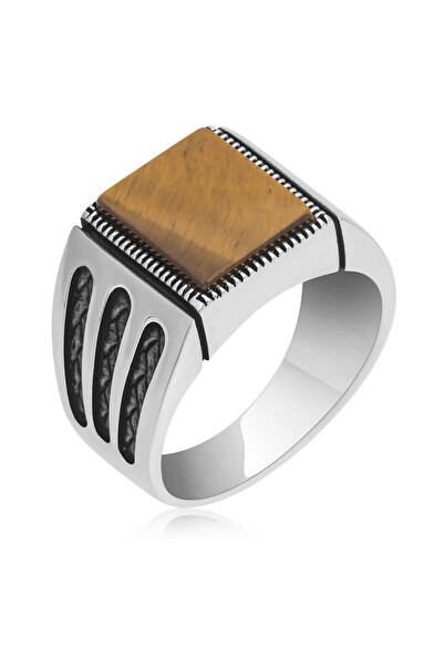 ALYANSEVİM Kare Kaplan Gözü Taşlı 925 Gümüş Erkek Yüzük