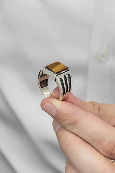 ALYANSEVİM Kare Kaplan Gözü Taşlı 925 Gümüş Erkek Yüzük