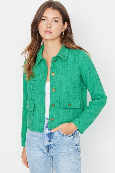 Trendyol Collection Zelená vypasovaná kapsa Detailní kostkovaná tkaná bunda Twoaw23Ce00140