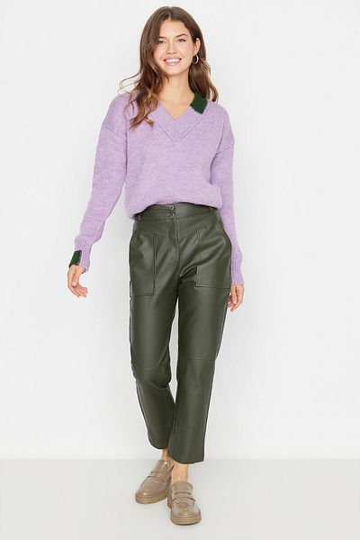 Trendyol Collection Light Khaki Cigaratte Woven Faux Leather Woven Trousers TWOAW22PL0347