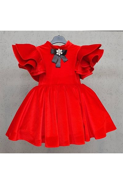 SCSTİL Red Velvet Sleeves Flounce Dress