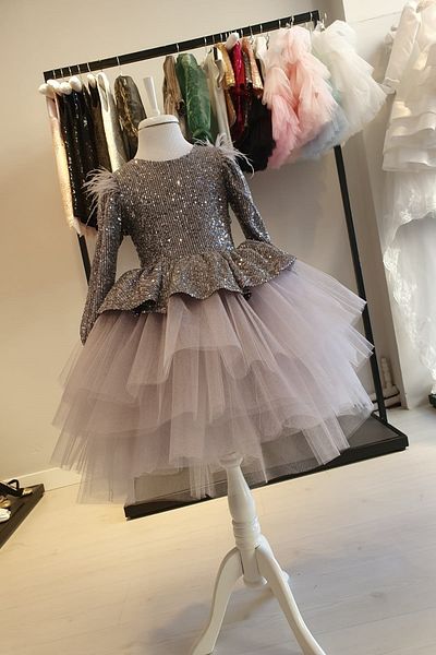 SCSTİL Gray Sequined Peplum Kids Evening Dress