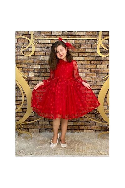 Mashotrend Bow Detailed Polka Dot Ribbon Tulle Dress - Tulle Evening Dress - Graduation Dress