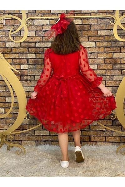 Mashotrend Bow Detailed Polka Dot Ribbon Tulle Dress - Tulle Evening Dress - Graduation Dress
