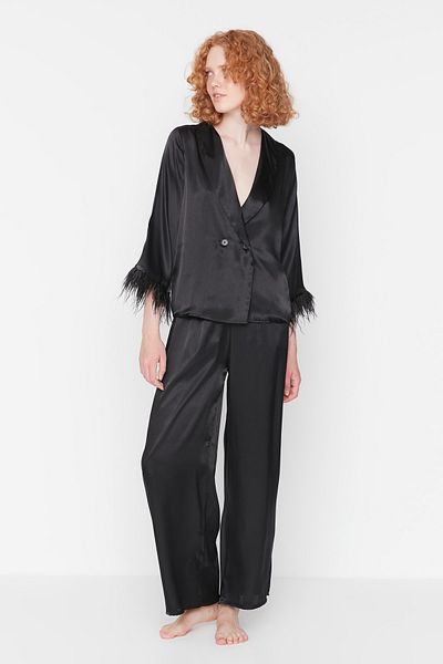 Trendyol Collection Tkané pyžamové kalhoty z černého peří THMAW23PT00086