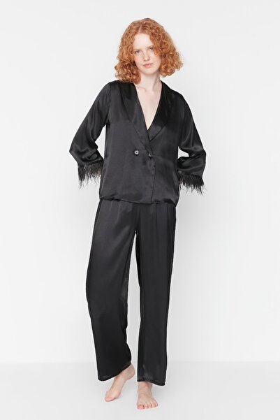 Trendyol Collection Black Feather Detailed Satin Shirt-Pants Woven Pajama Set THMAW23PT00086