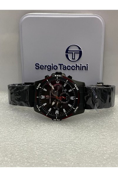 Sergio Tacchini Sergio Taccini Özelmat Siyah Kırmızı Detaylı %100 Çelik 5 Atm Erkek Kol Saati