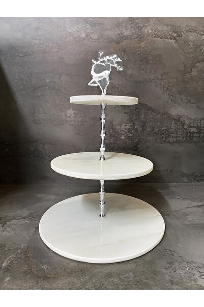Modestmar Natural Marble 3-Piece Cake Holder with Silver Deer Object