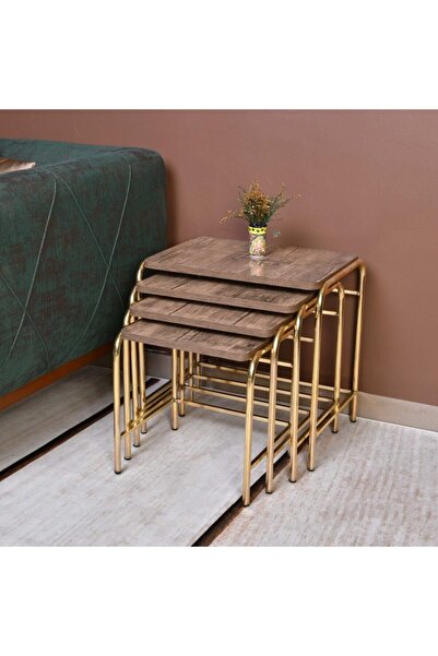 arvenlive Ceviz Kahve Renkli Gold Parlak Mikelaj Ayaklı 4'lü Zigon Sehpa