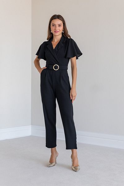lovebox Flexible Crepe Fabric Sleeves Flounce Belt Double Breasted Collar Pocket Black Evening Dress Business Style 065