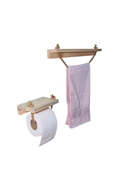 Barış Dizayn Doğal Ahşap Banyo Havluluk Tuvalet Kağıtlığı Havlupan Jüt Ipli 2...