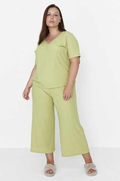 Trendyol Curve Plus Size Pajama Set - Green - Plain