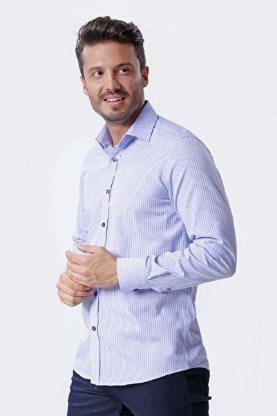 Ottomoda Erkek Çizgili Uzun Kollu Yarı Slim Lila Gömlek,ot-cp-20130