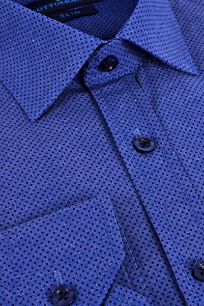 Ottomoda Erkek Mavi-lacivert Baskılı Uzun Kollu Slim Fit Gömlekot-cp-20035