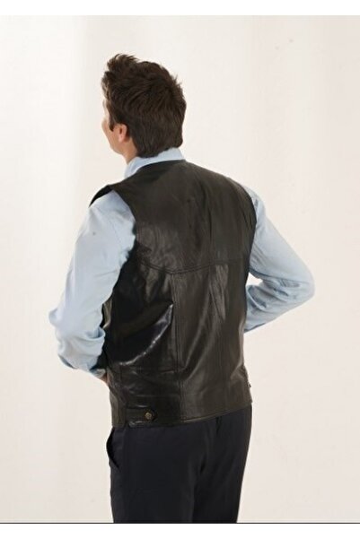 Derimont's Hakiki Deri Siyah Paname Fermuarlı Erkek Deri Yelek