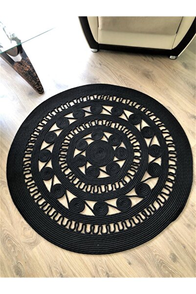 Jüt El Dokuma Siyah Sarmal Yuvarlak Şık Kilim Halı Paspas Yolluk