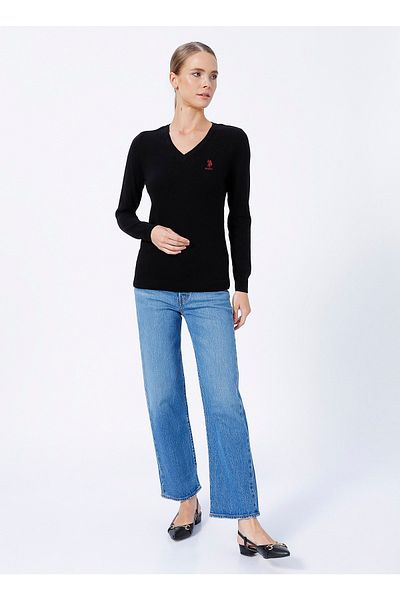 U.S. Polo Assn. Pulover de damă negru simplu cu decolteu în V Gtd02-bsk22