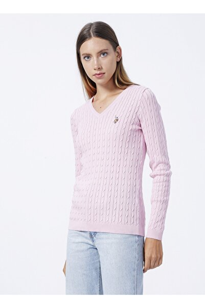 U.S. Polo Assn. V Yaka Düz Pembe Kadın Kazak Tk03-bsk22