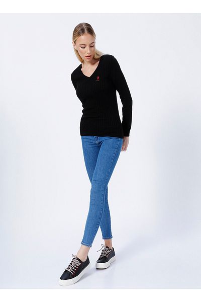 U.S. Polo Assn. Pulover de damă negru cu decolteu în V Ytk03-bsk22