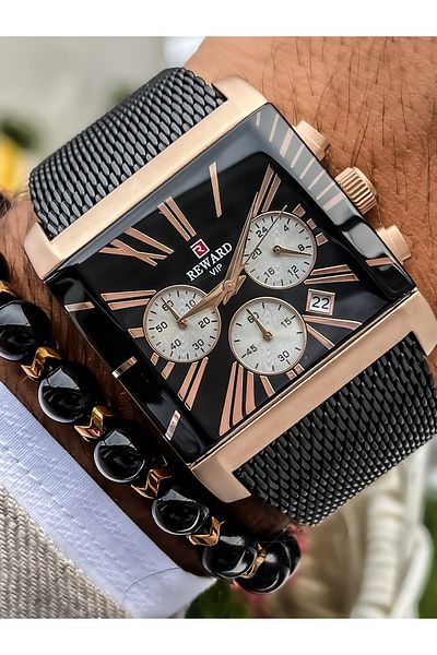 Reward Square Dial, Mesh Strap Matte Black Color Functions Active Men's Wristwatch+bracelet