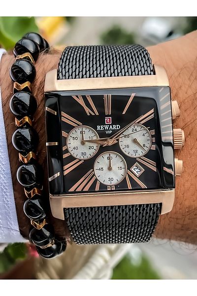 Reward Square Dial, Mesh Strap Matte Black Color Functions Active Men's Wristwatch+bracelet