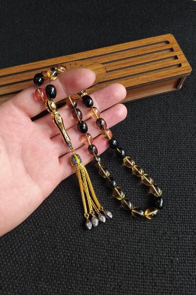 Vip Kehribar 9x11mm Sarı Siyah Ateşi Kehribar Tesbih Telkari Imame Püskül Kom...