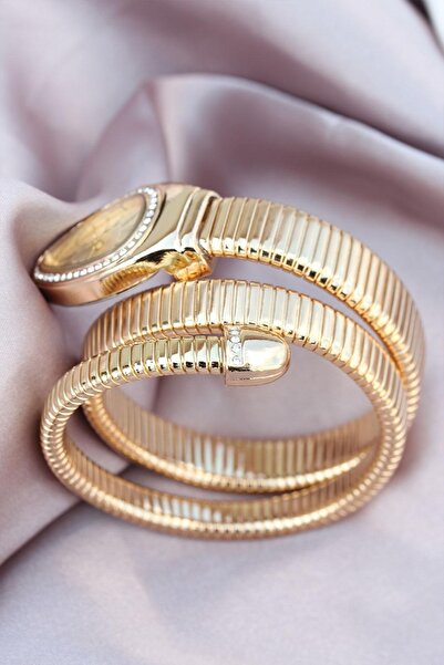 Genel Markalar Gold Renk Roma Rakamlı Yılan Model Taşlı Kadın Kol Saati