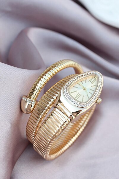Genel Markalar Gold Renk Roma Rakamlı Yılan Model Taşlı Kadın Kol Saati