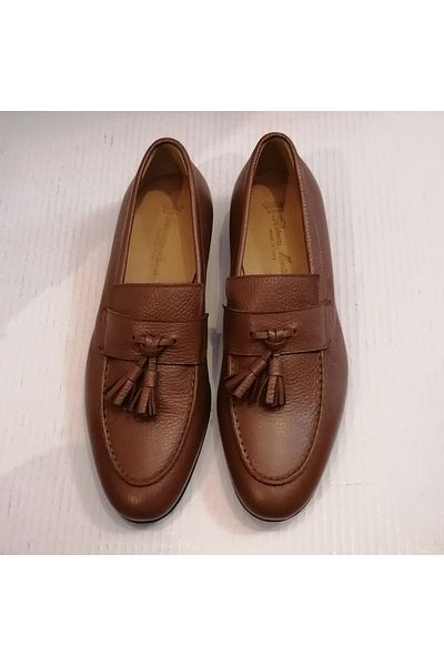 Roberto Morelli Unisex Genuine Leather Light Brown Banded Pompom Soft Genuine Leather Sole Loafer