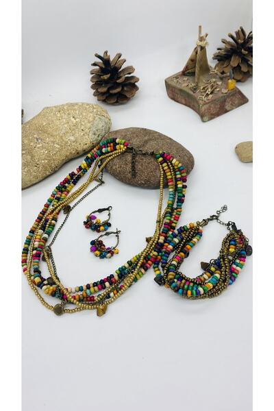 Porsuk Alternatif El Yapımı Etnik Otantik Hippi Bohem Kolye Küpe Bileklik Set