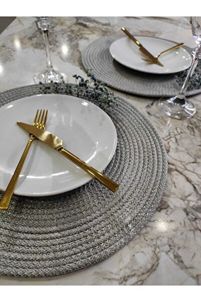 GörSeç Placemat Runner Placemat 6 Pieces Gray Leather Detailed Cord Placemat Knitted Dowry Plate Coasters Fireproof