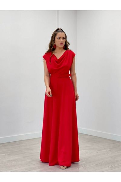 giyimmasalı Crepe Fabric Degaje Collar Dress - Red