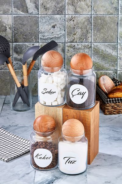 FBZhome 4-Piece Wooden Ball Lid Tea Sugar Coffee Salt Storage Container 800 Ml Labeled Glass Jar