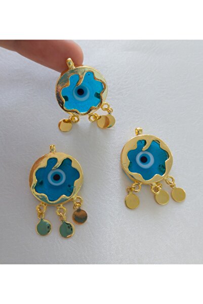 Bonanka Murano Cam Altın Kaplama Çerçeveli Nazar Kolye Küpe Ucu - Şeffaf Mavi...