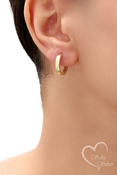 SS Selin Silver Modern Damgalı Halka Küpe Gold Renk 925 Ayar Gümüş Küpe