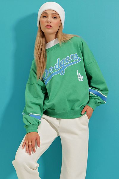 Trend Alaçatı Stili Grünes Dodgers-Sweatshirt mit Rundhalsausschnitt und Schleifenärmeln für Damen ALC-X8960