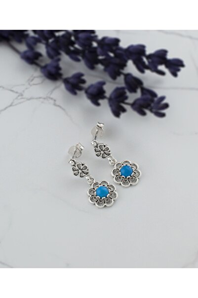 Filigran Silver Turkuaz Kıymetli Taşlı Minimal Zarif Sallantılı Küpeler, Telkari Sanatı Çiçekli Eskitme El Işi Küpe