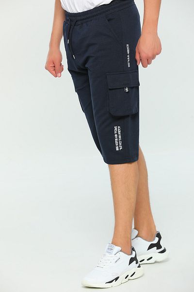 JACKAL CO. Navy Blue Cargo Gusseted Velcro Pocket Detailed Large Size Men's Capri bermuda
