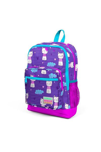 Coral High 23464 Kids Purple Pink Cat Patterned Four Compartment School Bag