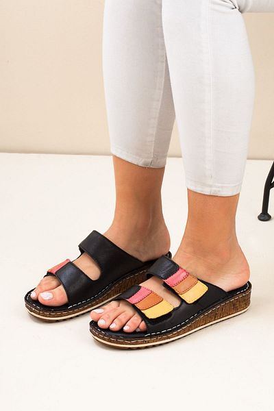 Adım Adım Women's Black Genuine Leather Orthopedic Slippers
