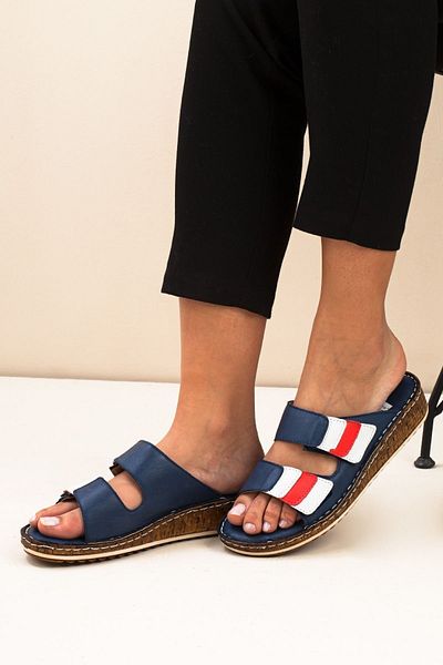 Adım Adım Women's Navy Blue Genuine Leather Orthopedic Slippers