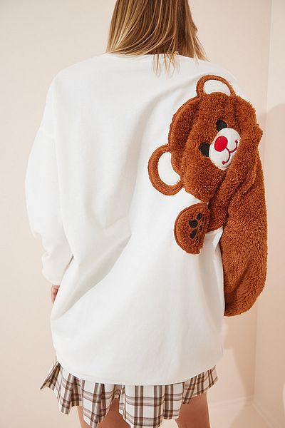 Happiness İstanbul Woman's White Fleece Teddy Bear Oversize Long Sweatshirt AP00165