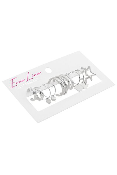 Ervalina 6 Çift Yıldız Ve Kare Figürlü Tasarım Küpe Set 1013 Gümüş Rengi