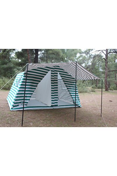 uç uludağ çadır Iki Odalı Pamuklu Kamp Çadırı - Yeşil Çizgili