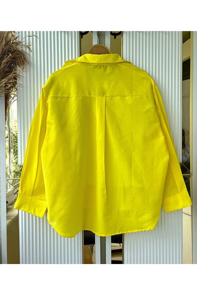 modabetce Shirt Yellow Oversize Balloon Sleeve Pleat Detailed Long Basic Women Shirt