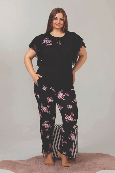 quilling Black Color Floral Patterned Lady-10852 Women's Short Sleeve Large Size Pajama Set