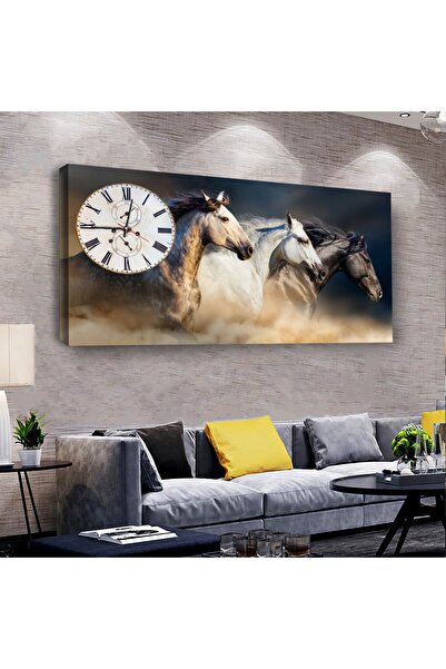 Zevahir Mobilya Dekorasyon Kanvas Koşan Atlar Saatli Tablo