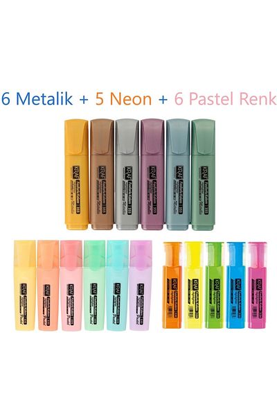 KRAF 6 Metallic + 6 Pastels + 5 Neon Highlighter Set - 17 Colors