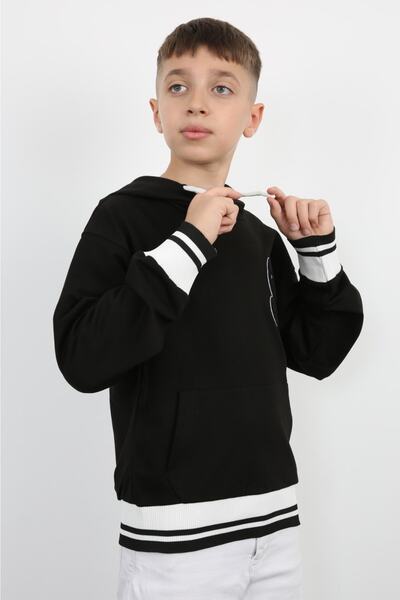 Elvinsa Black Kangaroo Pocket Hooded Surf Up Printed Boys' Sweatshirt