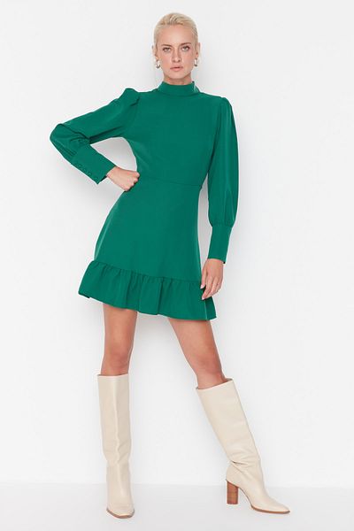 Trendyol Collection Μίνι υφαντό φόρεμα Μίνι υφαντό σμαραγδί σε γραμμή Α με βάση γιακάς φούστα TWOAW21EL1816